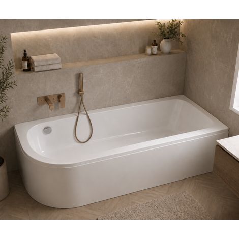 Baignoire d'angle asymétrique droite 170 x 75 cm - blanc - tablier, pieds, vidage chrome - OASIS