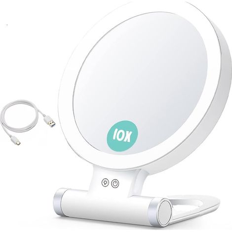 Miroir de Maquillage Grossissant 10 X avec Lumières et Grossissement, Miroir LED de Bureau 3 Couleurs et Miroir de Courtoisie pour Voyage (1/5)