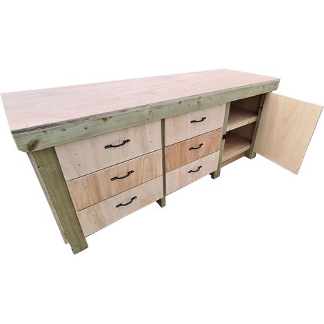 Wooden Eucalyptus hardwood top workbench, cabinet with lockable cupboard (V3) (H-90cm, D-70cm, L-210cm) double shelf