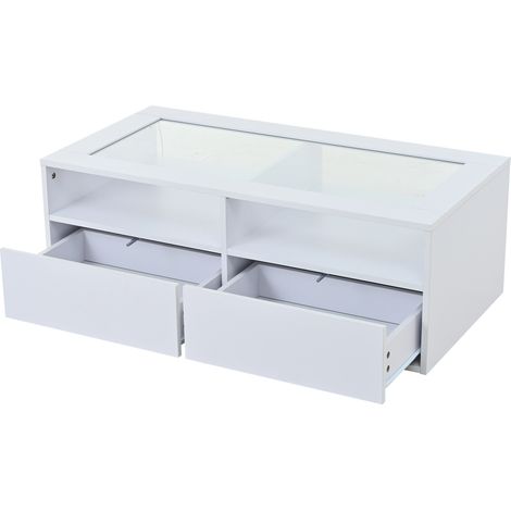 Table basse blanche en verre trempé avec LED, 2 tiroirs, 100 x 50 x 35 cm (1/5)