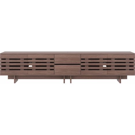 Meuble TV moderne en couleur noyer pour téléviseurs jusqu'à 80 pouces, 4 portes battantes, 2 tiroirs, 6 espaces de rangement, 200x39,5x55 cm (1/5)