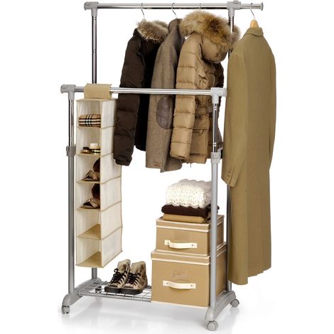 Perfetto Più Appendiabiti, Attaccapanni, Steder con Ruote - Gastone - Base di appoggio e Tubi Estensibili Regolabili in Lunghezza e in Altezza, 88/138x44xh94/166 cm - 2 Barre, Colore Cenere