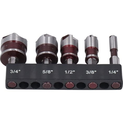 Ensemble Forets Fraises 5 Cannelures Tailles 1/4 3/8 1/2 5/8 3/4, Tige Hexagonale 1/4 pour Perceuse Bois (1/5)