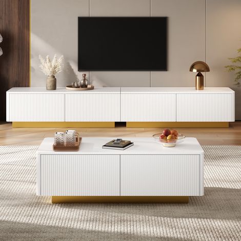 Conjunto de mueble tv y mesa de centro - 200x40cm y 110x50cm - 2 piezas de salón con almacenamiento y frentes acanalados estilo moderno - blanco (1/5)