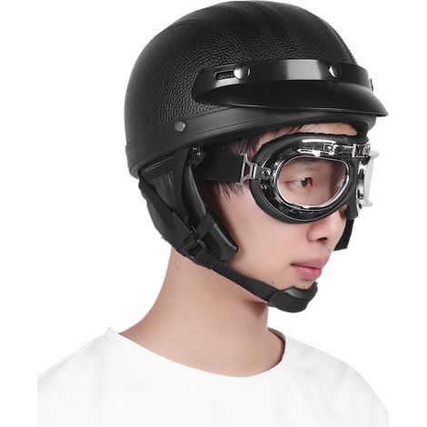 Casque de moto unisexe en PU noir avec lunettes de sécurité, taille unique. (1/5)