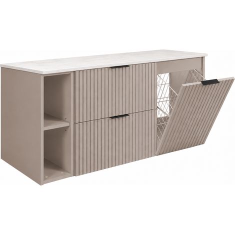 Set di mobili da bagno con cesto portabiancheria, Cachemire / Piano Marmo Bianco / Maniglie Nere, 120 x 57 x 46 cm (1/5)