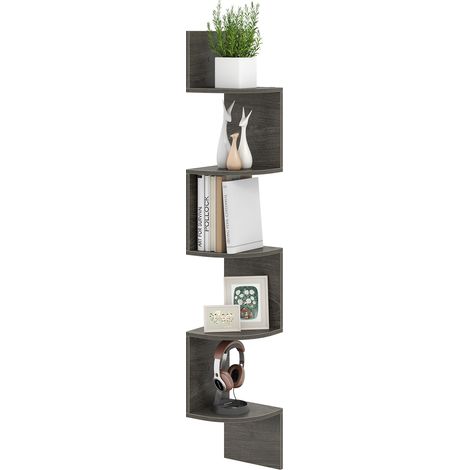 Étagère d'Angle à 5 Niveaux, Étagère Murale Flottante, Design Moderne & Gain de Place pour Salon, Chambre et Cuisine, 20 x 20 x 126 cm, Gris (1/5)