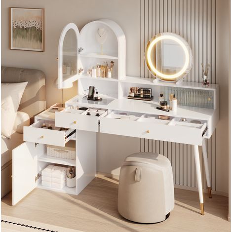 Tavolo da trucco LED 140 x 40 x 140 cm con USB Type-C, 2 prese, vetro, bianco OKMYHOME (1/5)