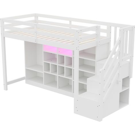 Lit mezzanine 90 x 200 cm, avec armoires de rangement à plusieurs compartiments et une armoire penderie simple, avec éclairage LED, cadre de lit et échelle latérale intégrée avec rangement, blanc