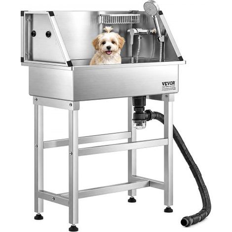 Baignoire de Chien Acier Inoxydable, Baignoire de Toilettage pour Animaux de Compagnie 87 cm Station de Lavage Chat, avec Robinet, Pommeau de Douche, Porte-savon, pour Plusieurs Types d'Animaux (1/3)