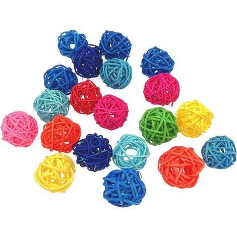 Bunte Rattankugel, 3 cm großes Vogelspielzeug – ein Kauspielzeug für Papageien und Langschwanzpapageien, ein Käfig-Beißspielzeug und eine Dekoration für DIY-Aktivitäten wie Hochzeiten und Familienfeie