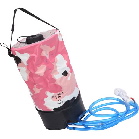 Sac de douche de camping en PVC pliable et portable de 10 L, étanche, idéal pour les voyages et la randonnée. Motif camouflage rose. (1/5)