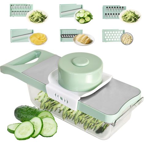 Mandoline de Cuisine Manuelle avec Collecteur de Légumes, Coupe Légumes Multifonctions avec 6 Lames Réglables (6-en-1 Vert) (1/5)