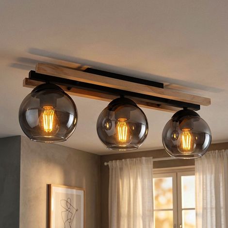 Spot de plafond lampe en bois 3 flammes plafonnier plafonnier lampe de chambre, verre fumé, métal MDF marron clair, 3x douille E27, LxH 60 x 20,5 cm (1/5)