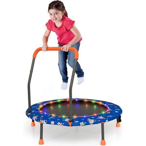 Trampoline enfant bleu marine avec 21 LED, poignée amovible, tapis PP et pieds antidérapants pour maison et salle de jeux (1/5)