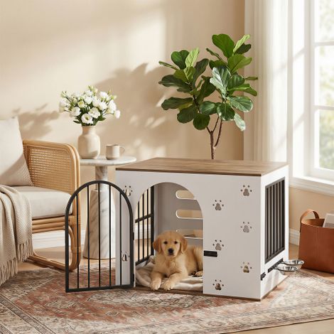 Mueble para jaula de perro con estación de alimentación integrada, jaula de madera para perros de interior, elegante mesa auxiliar para perros con 2 cuencos de acero inoxidable, blanco y natural. (1/5)