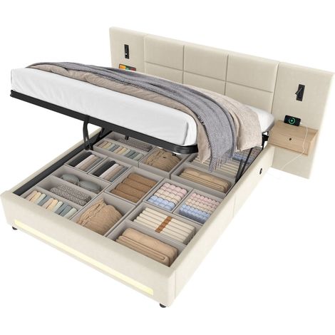 Lit Coffre 180 x 200 cm, Lit Double avec Tiroirs, USB-C, LED et Veilleuses, Sans Matelas, Coloris Beige (1/5)