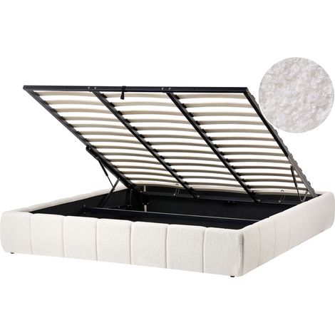 Slatted Bed Frame Off-White Boucle Upholstered Ottoman Storage 6ft EU Super King Size Modern Design GENAS