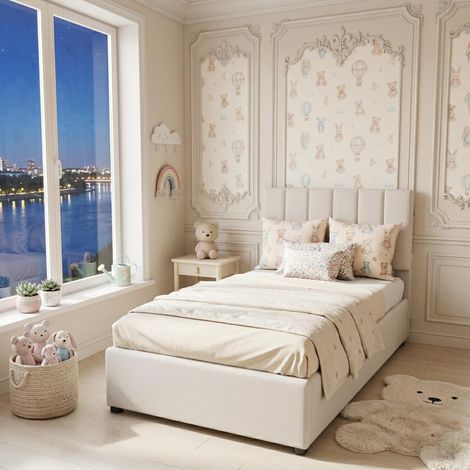 Lit coffre simple 90x190 cm, lit capitonné avec rangement - tête réglable, sommier lattes - Tissu lin, pour ado, Beige