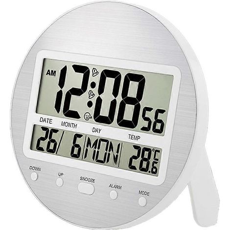 Réveil avec affichage 12/24 heures, alimenté par piles, réglage automatique, fixation murale/de bureau, calendrier, horloge numérique, réveil de chevet, blanc. (1/5)