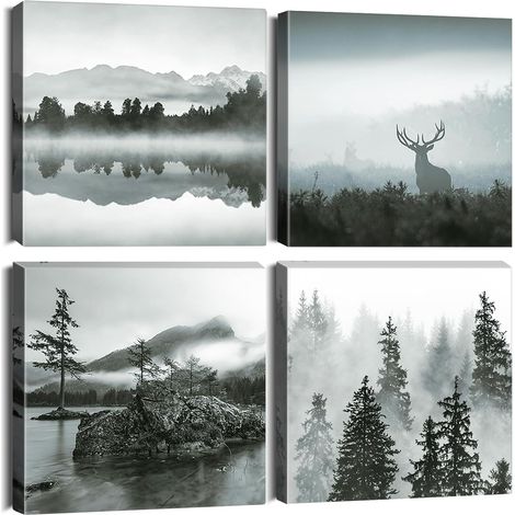 4 Parties Impression sur Toile - Forêt et Brouillard Impression sur Toile Décoration Murale pour Chambre Peintures à l'huile pour Maison Bain Salon Chambre 30x30CM (1/5)