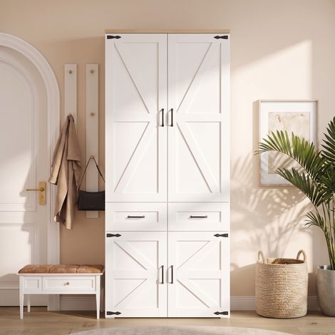 Armoire Penderie Style Campagne Blanc 90x50x200cm - Dressing de Chambre avec 4 Portes 5 Tiroirs et 2 Tringles à Vêtements pour Entrée (1/5)