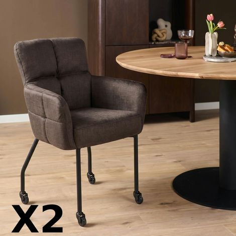 Chaise tissu damier marron roulettes et accoudoirs (x2) KASO (1/5)
