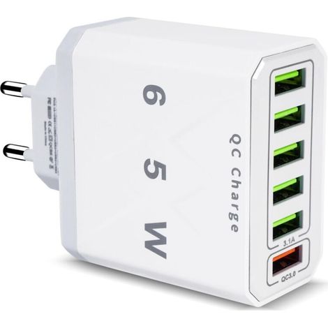 Caricabatterie multi-USB, caricabatterie rapido USB a 6 porte da 65 W con QC 3.0, adattatore di alimentazione USB-A universale per 15 Pro Max, 14 Plus, 13, 12, 11, SE, XR, iPad, Samsung (1/4)