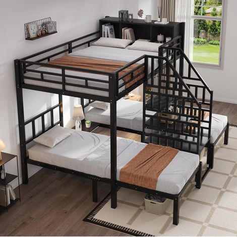 Cama dormitorio triple con almacenamiento de metal negra OKMYHOME (1/5)