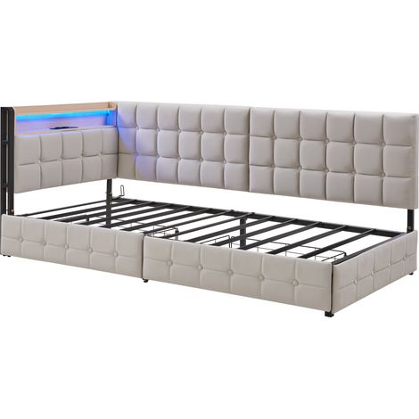 Cama diván tapizada 90 x 200 cm en terciopelo beige con 2 cajones, LED, USB y Type-C HOMVRA (1/5)