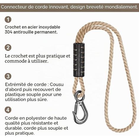 Corde de Hamac, 100cm Sangle de Balançoire avec Crochet Arbre Suspension Materiel en Polyester Fauteuil Suspendu Fixation Kit, 10mm de Diamètre, Blanc Cassé (1/2)