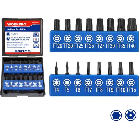 Workpro – Jeu de 16 embouts Torx S2 25mm – Magnétiques avec tige hexagonale 1/4'' – Traitement antirouille – Boîte de rangement incluse