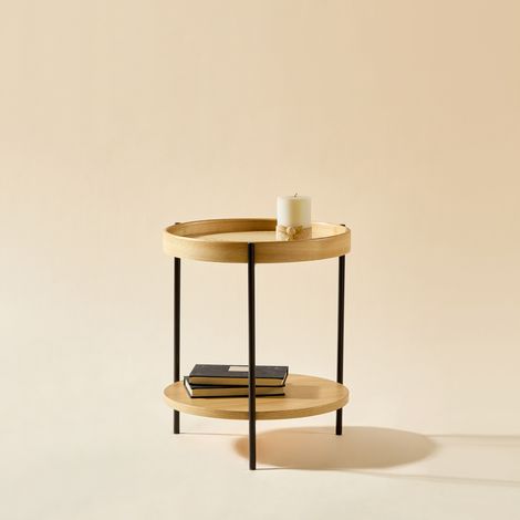 Mesa de centro redonda de 2 niveles en madera y metal, color natural (1/5)