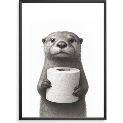 Poster décoratif de salle de bain Impression d'art Tableau mural noir et blanc Décoration WC Loutre A4 (1/5)