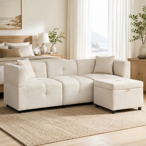 Divano angolare 3 posti con contenitore, tessuto ciniglia beige, 204 x 126 x 69 cm (1/5)