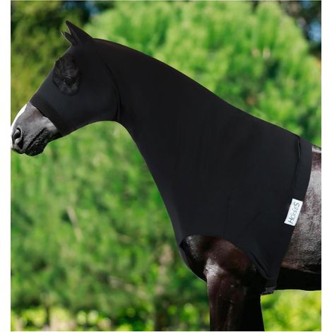 145 cm, NERO: Copricollo per cavalli in Lycra modello Protection Plus con rete per occhi e orecchie