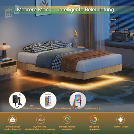 Lit moderne à effet flottant avec habillage rainuré, doté de LED d'ambiance et sommier renforcé en fer plat – 140 x 200 cm, chêne clair (1/5)
