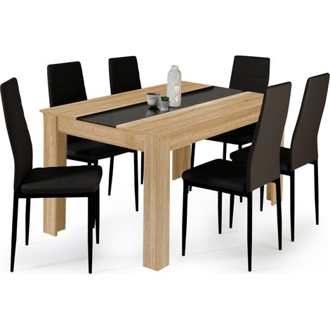 Idmarket – Ensemble table à manger 140 cm imitation hêtre et noire – 6 chaises ROMANE noires – Design moderne et élégant – Facile à entretenir (1/5)
