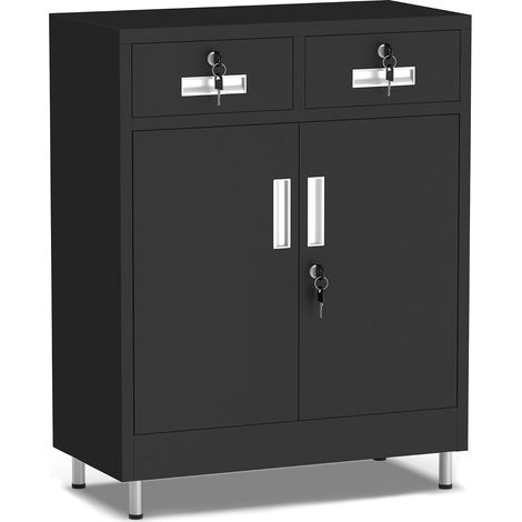 Metal Storage Cabinet with Lockable Doors and 2 Drawers, Lockable Storage Cabinet with Adjustable Shelf for Home, Office, Garage, Entryway, Pantry (Black) (1/5)