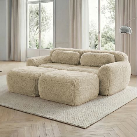 Sofá modular de 2 plazas color caqui claro en tejido suave, con 2 pufs y sin montaje (1/5)