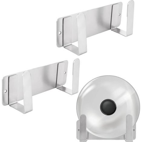 Set of 3 wall-mounted pot lid holders for cabinet doors, self-adhesive, space-saving, wall storage, silver