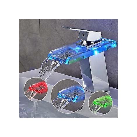 Innovation pour votre salle de bain : robinet à bec en verre effet cascade avec éclairage LED, robinet chromé monocommande facile à installer pour votre lavabo, durable