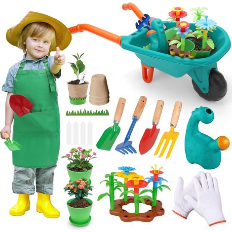 Kit d'outils de Jardinage pour Enfants avec Jardinage Outils, Brouette Jouets de Jardin avec Tablier avec Poches, Bêche, Râteau, Gants, Arrosoir, Pots de Fleurs, Jouets de Sable Jeu de Simulation (1/5)