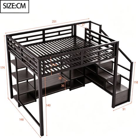 Lit mezzanine 140x200 cm avec support TV, prises électriques et échelle de sécurité, mix métal-bois robuste, design moderne gain de place, lit surélevé enfant avec rangement intégré, noir (1/5)