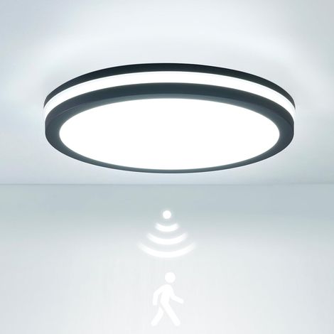 Imperméable Plafonnier LED avec Capteur de Mouvement, 18W 2700lm 150(Lm/W) Etanchard 3000K/4000K/6500K Idéal pour salle de bain, garage, escaliers, sous-sol, couloir, balcon Ø22cm Gris (1/5)