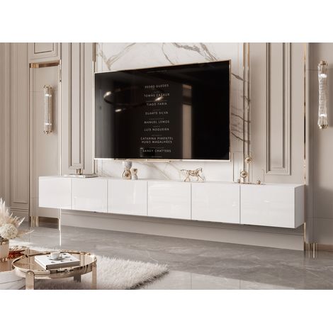 Meuble TV Mural ANGEL - avec LED - 300x40x36cm - 6 portes - Blanc brillant (1/2)
