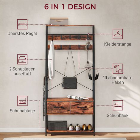 Meuble d'entrée avec rangement chaussures, patère avec siège, 10 crochets, 2 tiroirs en toile, barre à vêtements, aggloméré, acier, chêne
