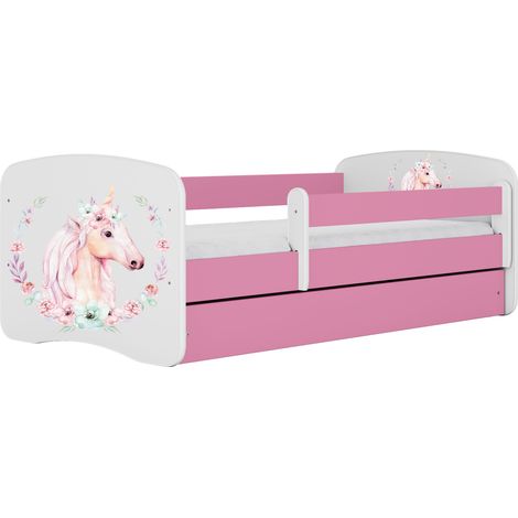 Lit enfant 80x160 cm avec tiroir et barrière avec matelas rose motif Cheval (1/5)