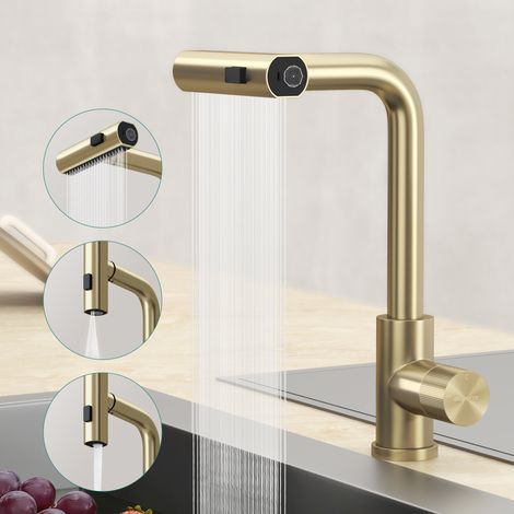 Mai & Mai Robinet Évier de Cuisine en Acier Inoxydable 304 Rotatif à 360° Eau Chaude et Froide Mélangeur Trois Modes de Jet Bec Extractible Mitigeur Cuisine Or Brossé 31,6 cm Turnix-02 (1/5)