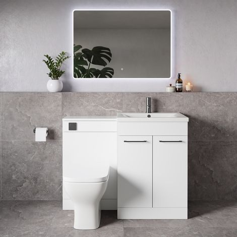 Napoli 460 Gloss White 1100mm 2 Door Vanity Unit Toilet Suite with Glide Basin - 1100mm - Gunmetal Grey 160mm HandleWith Kingston Toilet Pan and Seat